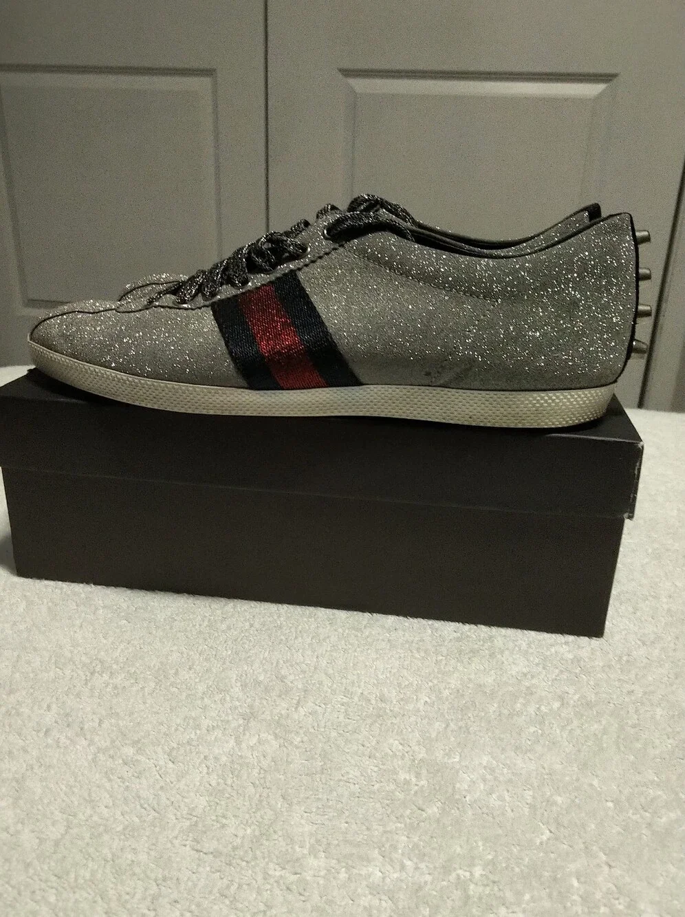 Authentic Gucci Bambi Silver Glitter Web Sneakers Size 8.5 Unisex (Fit Men 9.5)